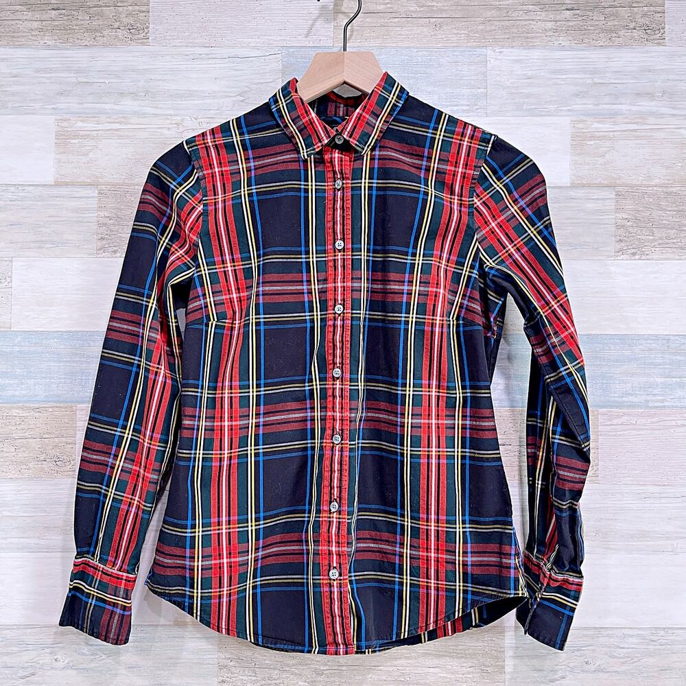 J CREW Slim Stretch Perfect Shirt Black Stewart Plaid Button Down Work Womens 2